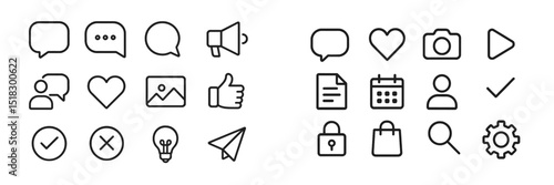 Collection of simple line icons representing various communication and social media concepts in a modern design