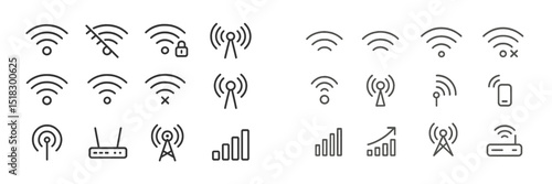 Various wireless connectivity symbols and icons representing network status and signal strength for user interface design