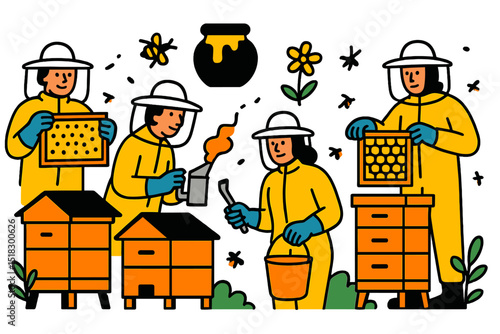 Beekeepers engaged in honey production and hive maintenance in a vibrant apiary during daytime