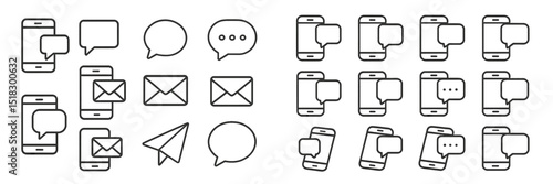 Various communication symbols highlighting messaging and interaction through mobile devices and text formats