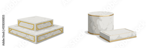 Elegant marble display stands with golden accents in a minimalist setting for showcasing products