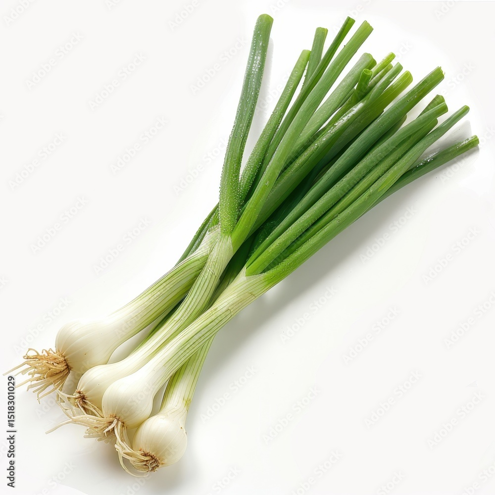 Fresh green scallions, also known as spring onions, tied together, ready for cooking Fresh green scallions, also known as spring onions, tied together, ready for cooking