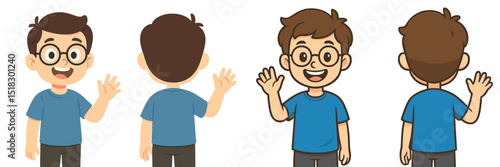 Boy in blue shirt waving hello happily from different angles with a cheerful expression