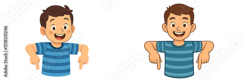Cheerful young boy with striped shirt gesturing downwards in a playful manner during a sunny day at the park