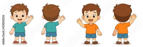 Young boy showcasing different poses and expressions in playful clothing against a white background