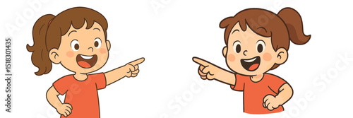 Two cheerful cartoon girls pointing in opposite directions, expressing excitement during a playful moment