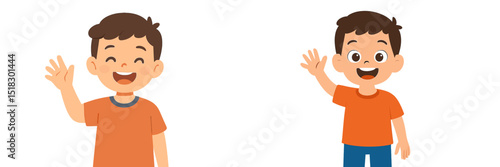 Children waving happily while dressed in casual orange shirts enjoying a cheerful day together