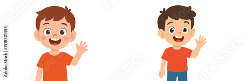Two cheerful boys waving and smiling in bright orange t-shirts in a friendly setting