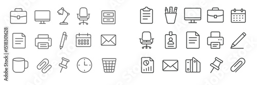 Collection of simple line icons representing office supplies and stationery for workspace organization and productivity