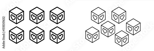 Outline of heart-themed cubes arranged in two separate groups on a white background