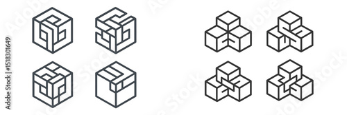 Intricate geometric designs showcasing three-dimensional shapes and puzzles crafted in clean lines and minimalist style