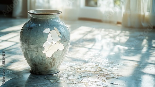 Broken gray vase on the floor with scattered glass shards. The shattered ceramic pot represents accident, loss, damage, or disaster. Home interior, kitchen, or living room scene with fragments.