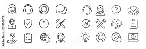 Support icons representing customer service and assistance in various communication methods and tools in a minimalist style