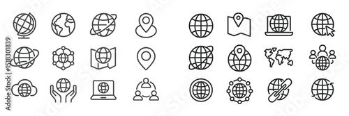 Collection of globe icons depicting various aspects of global communication and navigation in a modern design