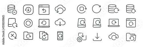 Collection of simple line icons representing various data backup and synchronization activities across devices and platforms