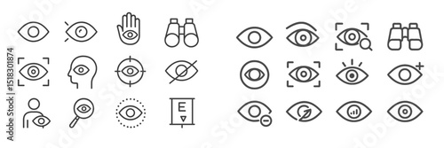 Variety of eye-related icons representing vision, observation, and focus in a minimalist design suitable for digital applications