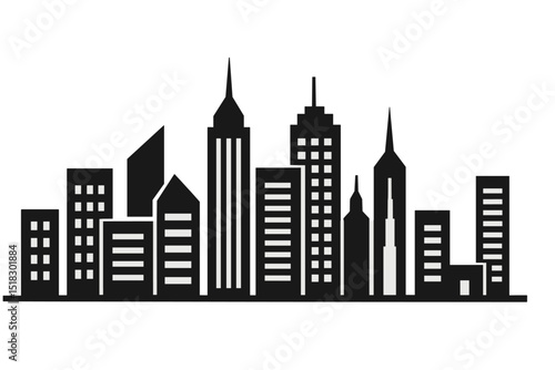 Silhouette of a modern city skyline featuring various tall buildings under a clear sky