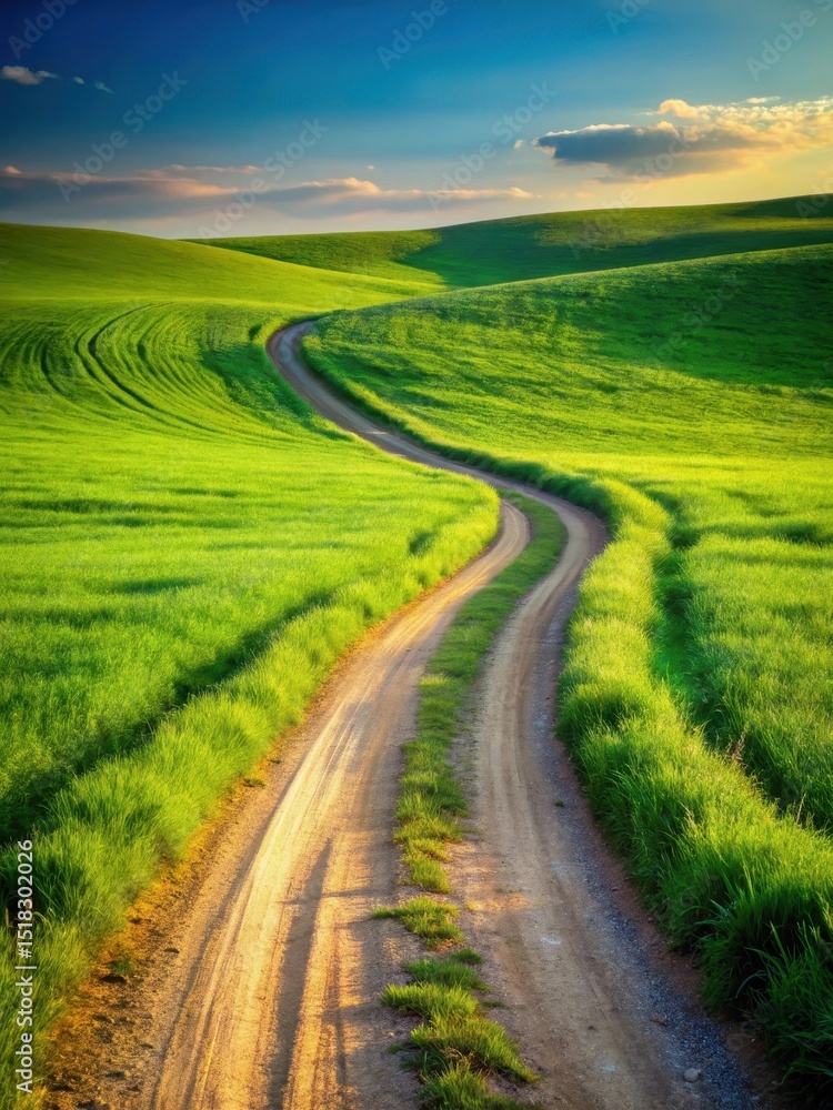 Naklejka premium Dirt road winding through a lush green strip of grass and dirt