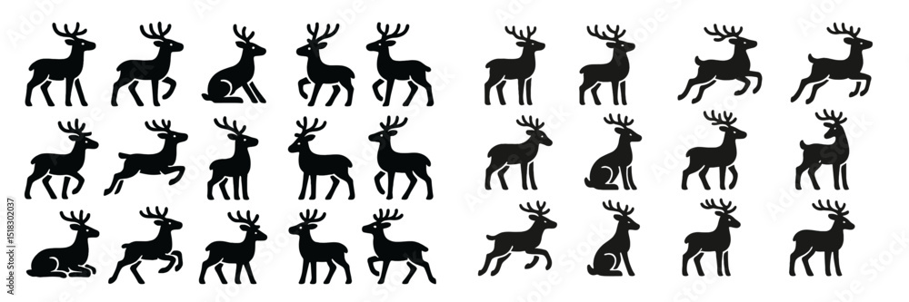 Various silhouettes of deer in different poses suggested for use in designs or decorations Various silhouettes of deer in different poses suggested for use in designs or decorations