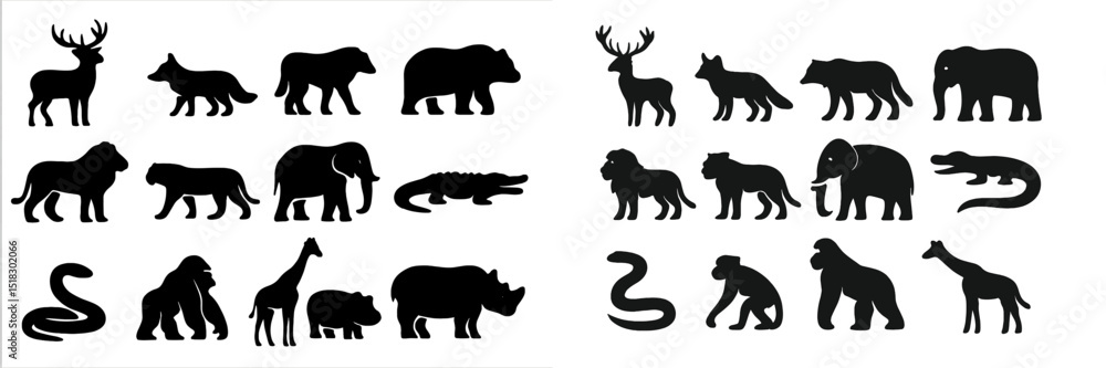 Obraz premium Silhouettes of various animals in black showcasing shapes and forms against a white background