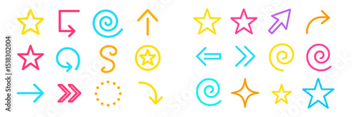Colorful abstract icons with arrows and shapes on a white background, ideal for design and creative projects
