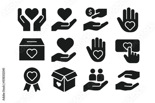 Symbols of giving and compassion displayed through hands holding hearts and donations in a simple graphic layout