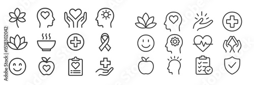 Collection of health and wellness icons representing various aspects of mental and physical well-being