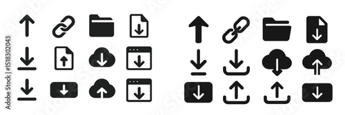 Various icons representing download and upload actions for digital files and cloud storage solutions
