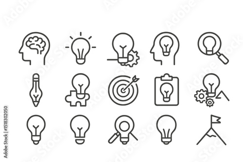 Creative symbols of ideas and innovation displayed in a minimalistic design on a white background