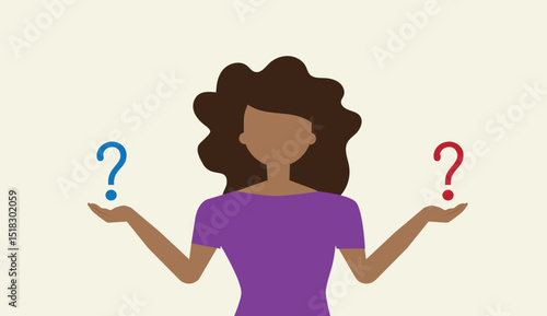 Make choice, decision concept. Business woman doubting, deciding