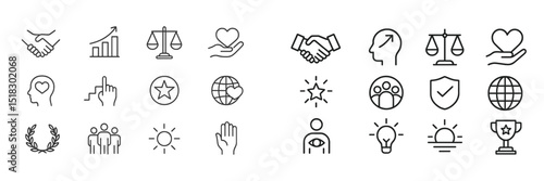 Business and social icons representing teamwork, achievement, and values in a minimalist design suitable for various digital applications