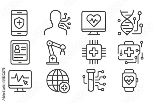 Various health technology icons depicting digital healthcare elements and innovations for modern health management