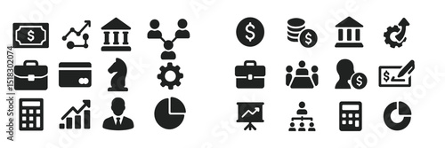 Various business and finance icons illustrating concepts of money, analysis, and teamwork
