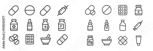 Variety of medical icons representing different types of medicines and healthcare tools in a minimalist style