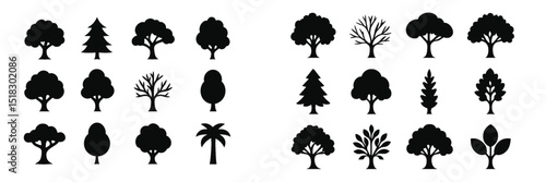 Variety of tree silhouettes showcasing diverse species and shapes in a graphic design layout