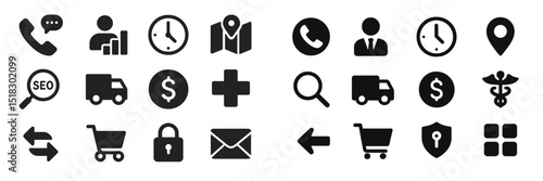 Set of black icons representing communication, business activities, and security features for digital platforms