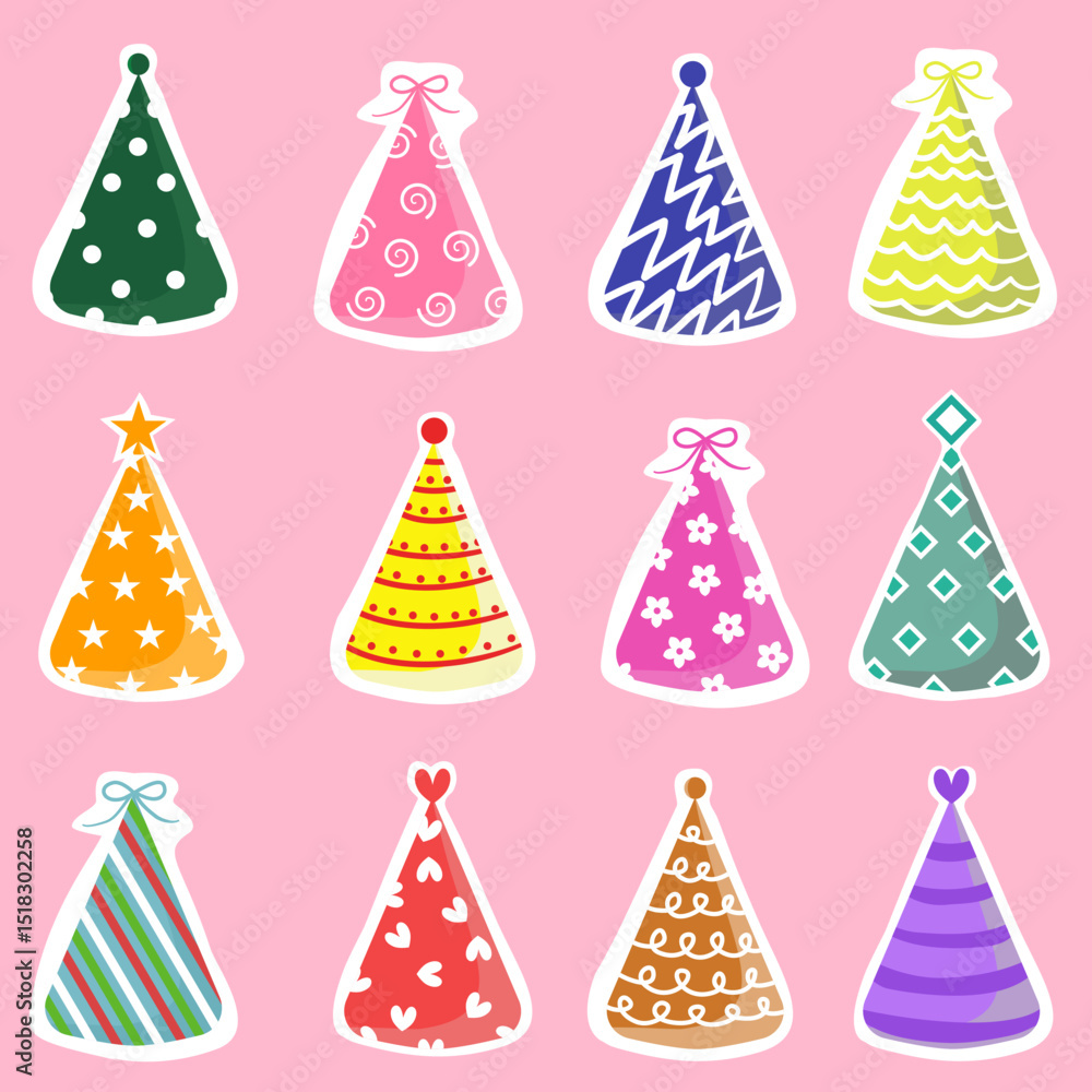 Colorful party hats on pink background Colorful party hats on pink background