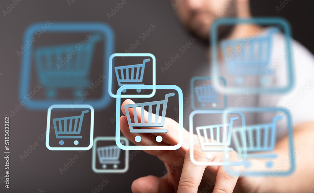 E-commerce, online retail, digital shopping, online store, buyer, customer, purchase, technology, interface, shopping cart, hand, touchscreen E-commerce, online retail, digital shopping, online store, buyer, customer, purchase, technology, interface, shopping cart, hand, touchscreen