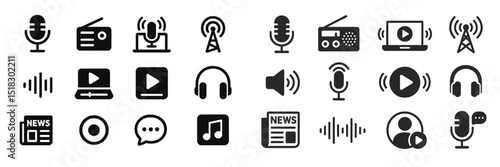 Collection of media icons representing various forms of audio and visual communication
