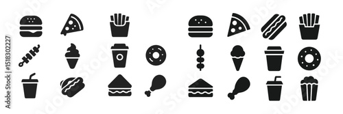 Various fast food icons representing popular snacks and meals in a simple black design on a white background