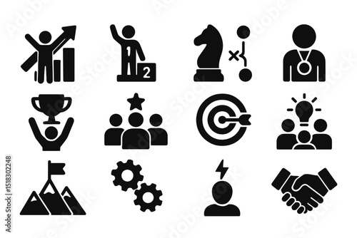 Symbols representing achievement, competition, and teamwork in a business and sports context
