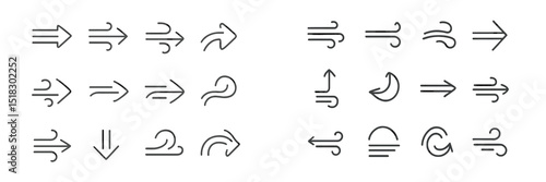 Collection of wind direction and flow symbols illustrating various patterns and movements in design and signage contexts