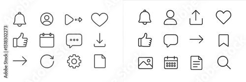 Collection of minimalist line icons representing various user interface elements for digital applications and websites