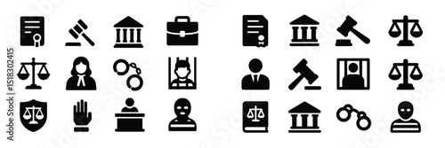 Icons representing the legal profession and justice system in black and white, showcasing various aspects of law and order