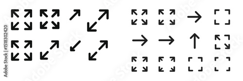 Graphic representation of directional arrows and shapes used for navigation and user interface design in digital media