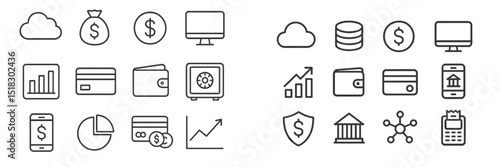 Financial icons collection showcasing various aspects of banking and investment in a minimalist style
