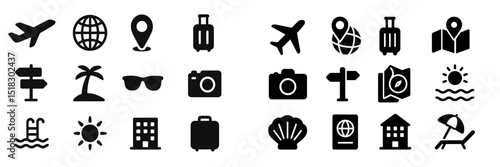 Travel icons showcasing transportation, navigation, and leisure activities in a minimalist design for vacation planning