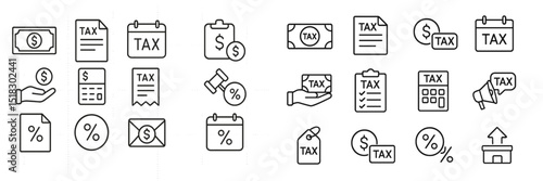 Tax-related icons represent various aspects of finance and accounting during tax season