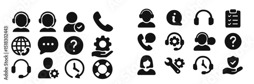 Support service icons representing communication tools, customer assistance, and troubleshooting concepts used in modern business environments