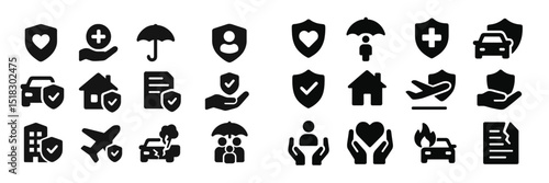 Collection of black icons representing various aspects of health, protection, and safety in everyday life activities